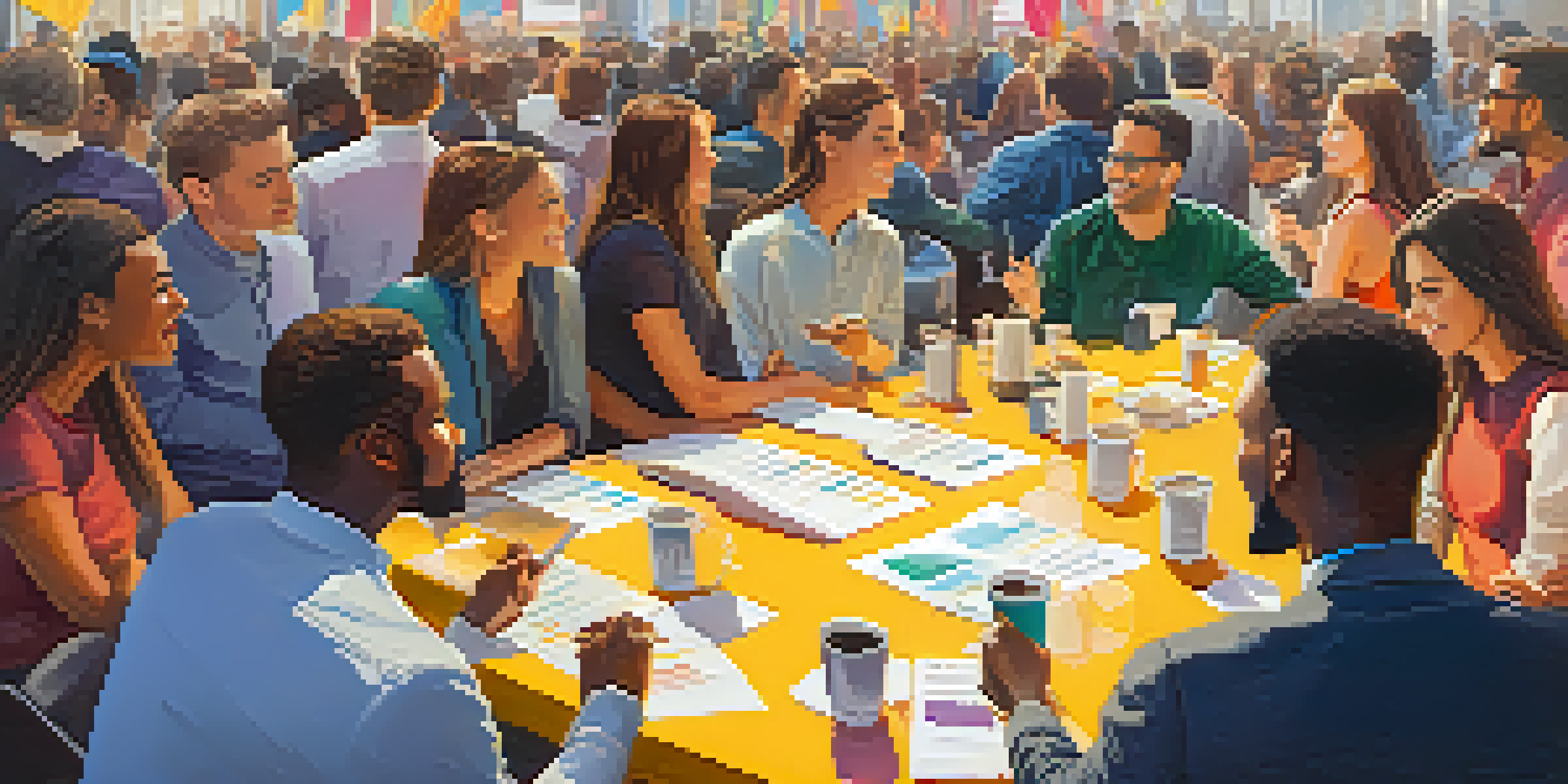A lively crowdfunding event with entrepreneurs presenting projects to an engaged audience, colorful banners and prototypes visible, warm lighting enhancing the atmosphere.