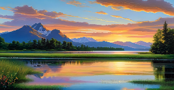 A beautiful sunset over a calm lake with colorful reflections, surrounded by green grass and wildflowers, with distant mountains in the background.
