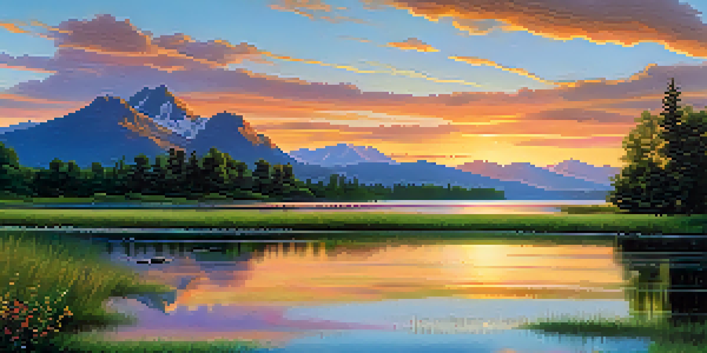 A beautiful sunset over a calm lake with colorful reflections, surrounded by green grass and wildflowers, with distant mountains in the background.