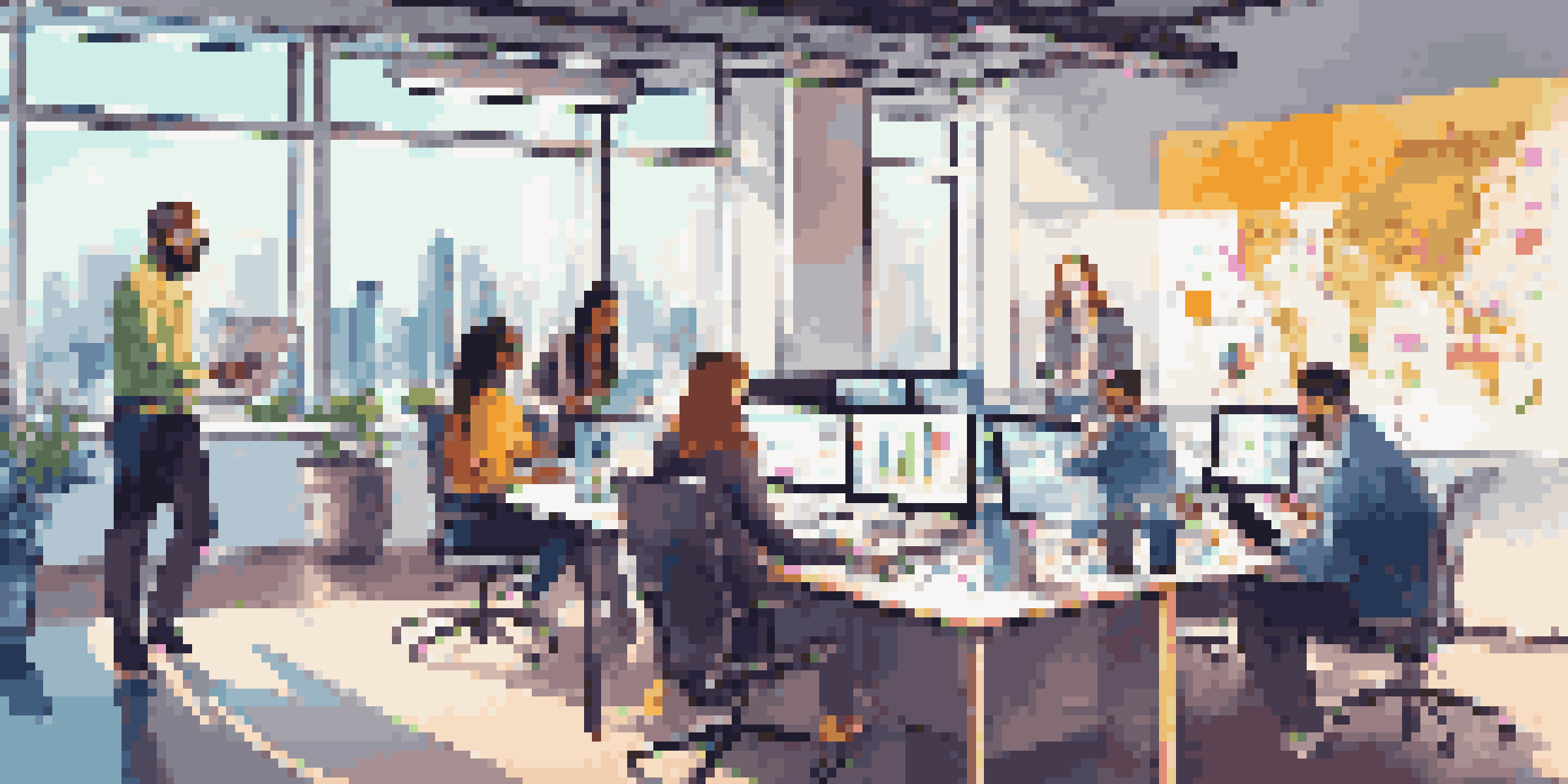 A diverse team of professionals working together in a bright office space, surrounded by digital marketing tools and analytics.