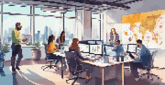 A diverse team of professionals working together in a bright office space, surrounded by digital marketing tools and analytics.