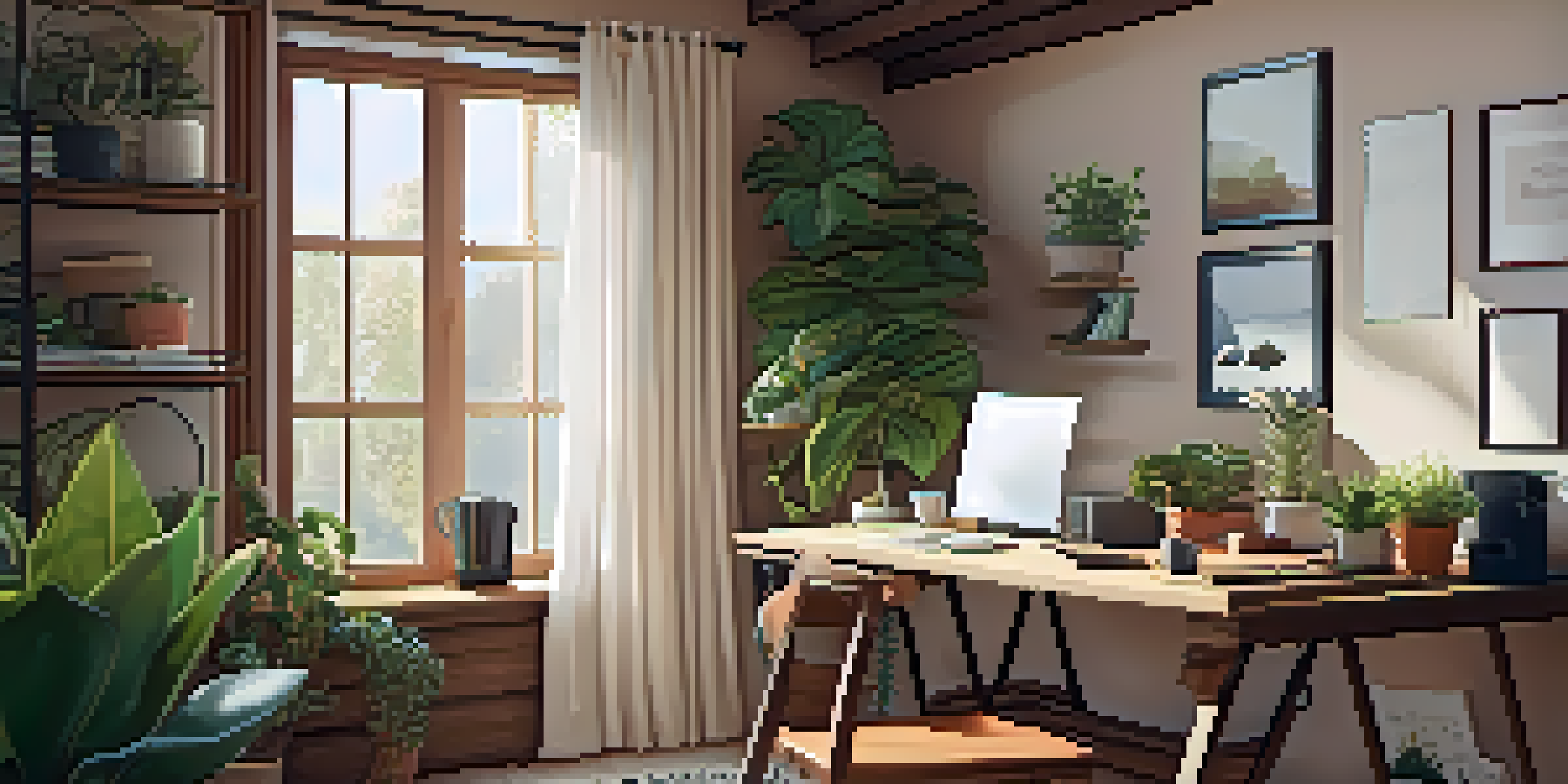 A comfortable home office with a desk, laptop, and coffee, illuminated by natural light.