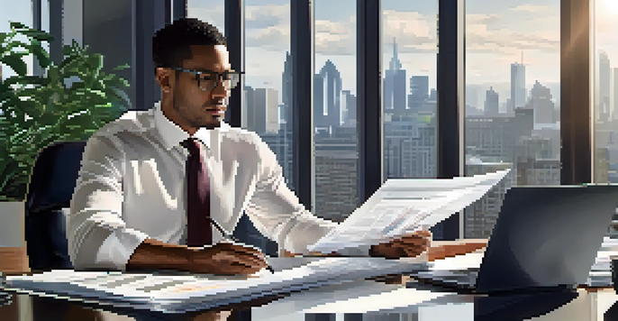 A woman financial compliance officer reviewing documents at a desk in a modern office with a city view.
