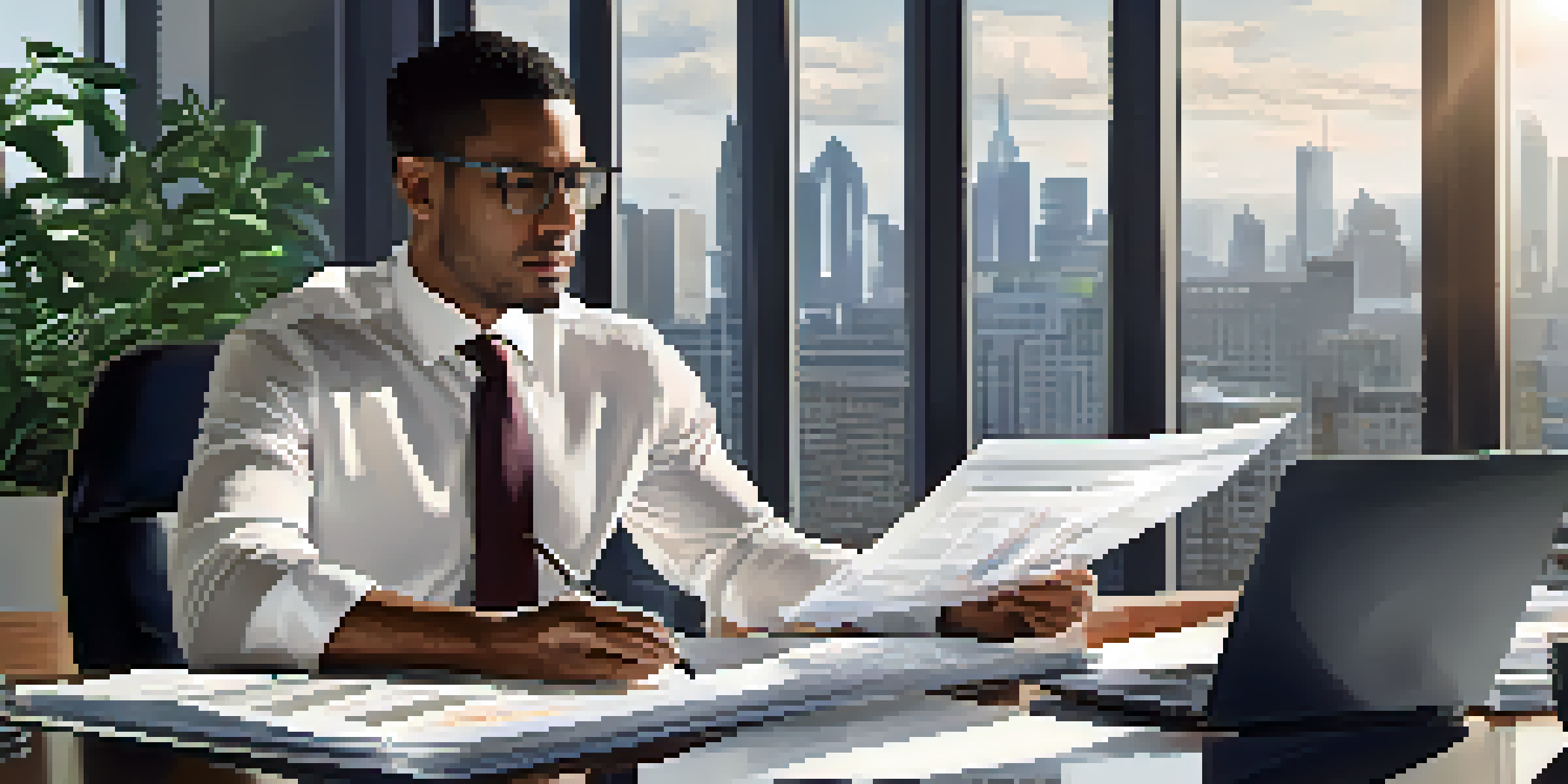 A woman financial compliance officer reviewing documents at a desk in a modern office with a city view.