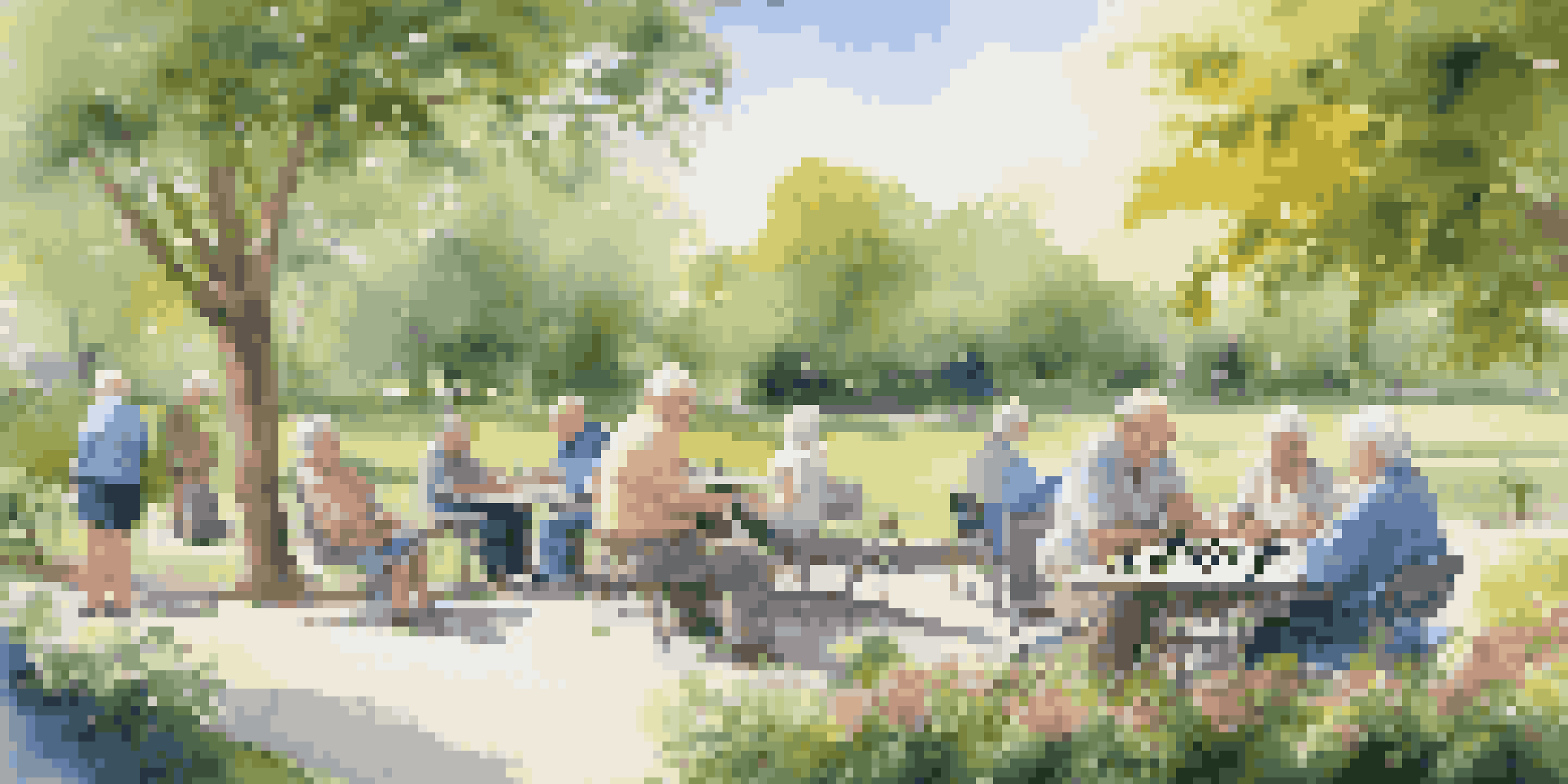 A diverse group of retirees enjoying a sunny day in a park, engaged in activities like walking and playing chess, surrounded by greenery and flowers.