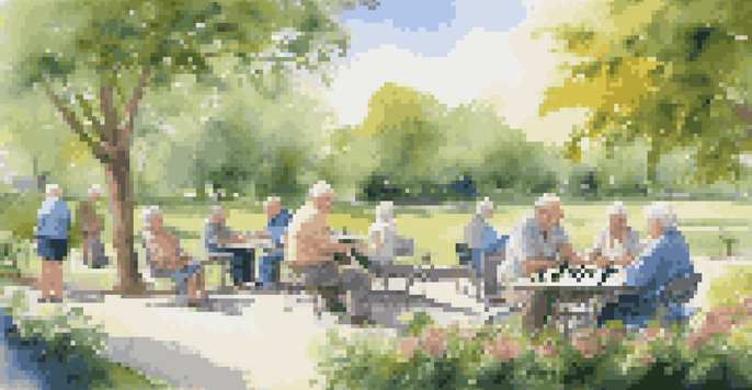 A diverse group of retirees enjoying a sunny day in a park, engaged in activities like walking and playing chess, surrounded by greenery and flowers.