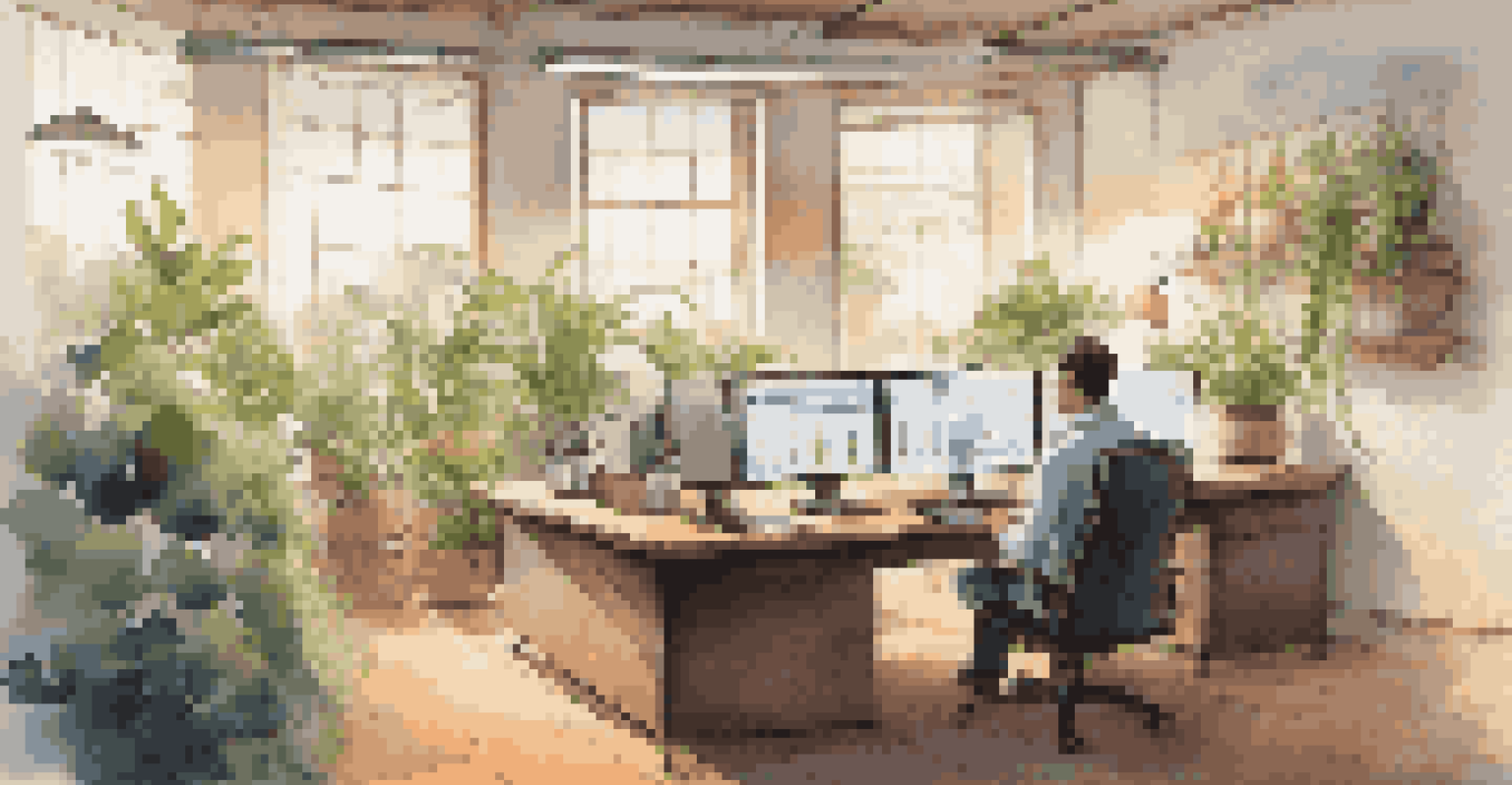 A trader analyzing charts on multiple screens in a serene office environment, surrounded by plants and warm lighting.