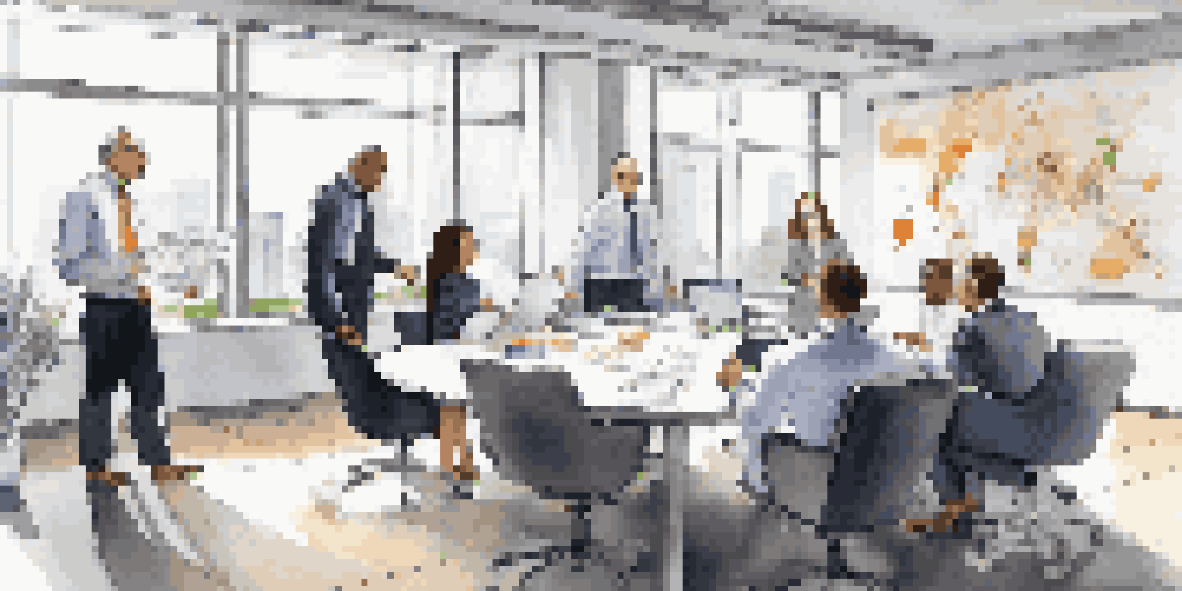 A diverse group of business professionals in a modern office discussing financial risk assessment, surrounded by charts and laptops.