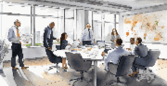 A diverse group of business professionals in a modern office discussing financial risk assessment, surrounded by charts and laptops.