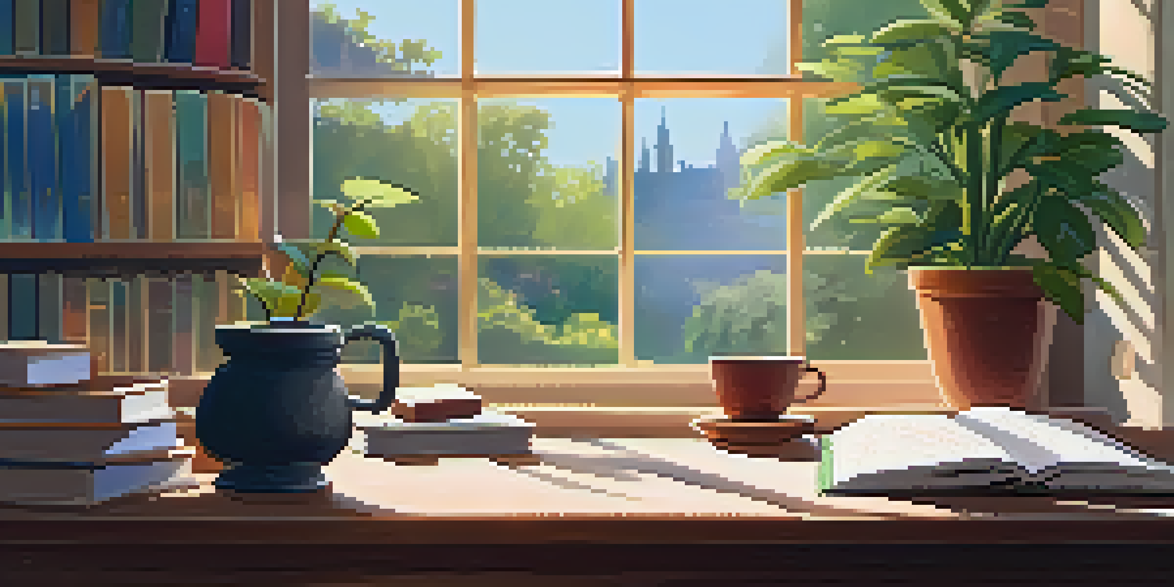 A peaceful study area with a wooden desk, a planner, a cup of tea, and sunlight coming through a window.