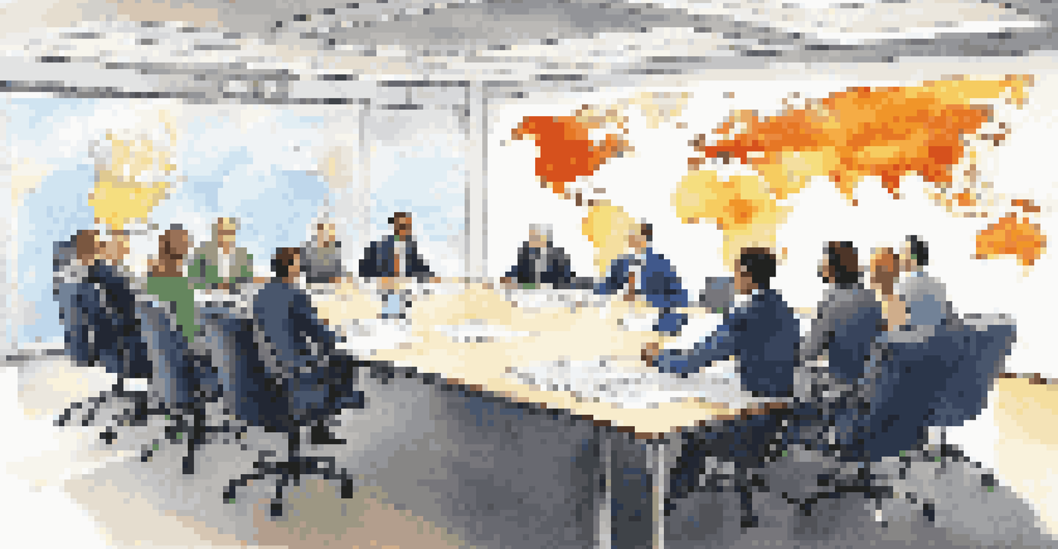 Business professionals in a meeting room discussing international agreements, with a world map on the wall and documents on the table.