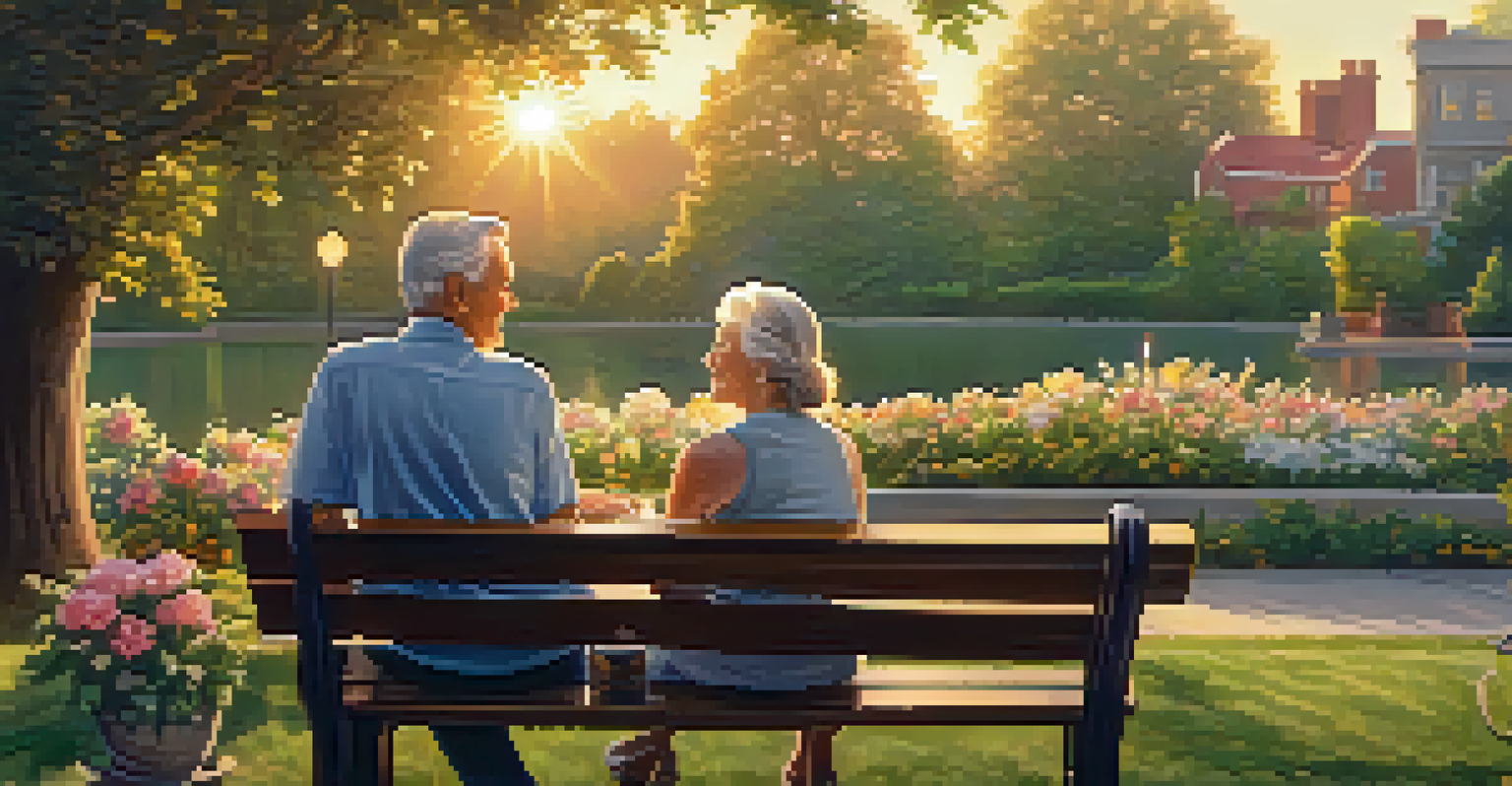 A couple discussing retirement plans on a park bench during sunset, surrounded by greenery.