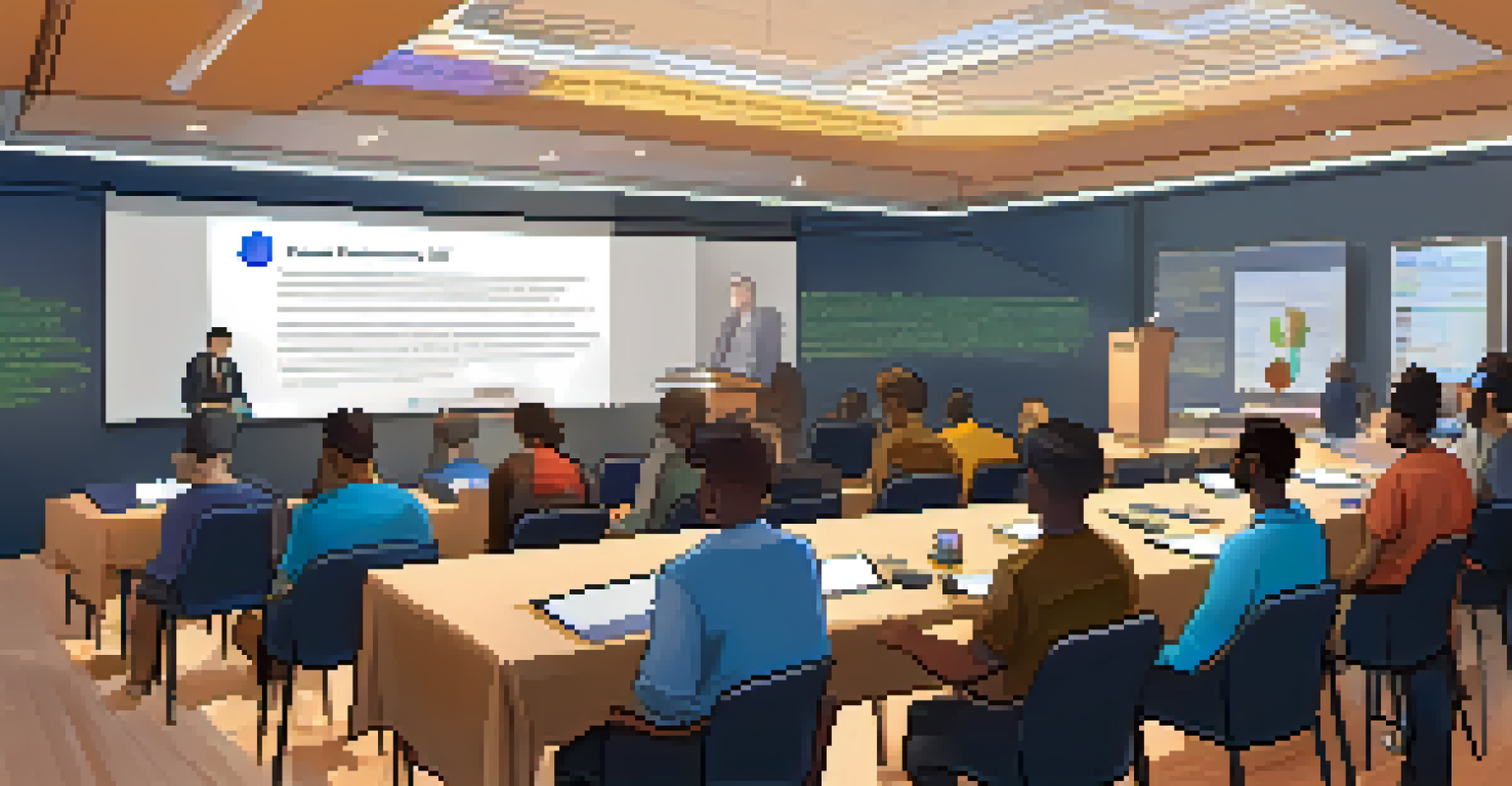 A diverse group attending an educational workshop on cryptocurrency regulations, with a projector and informational materials in a bright room.