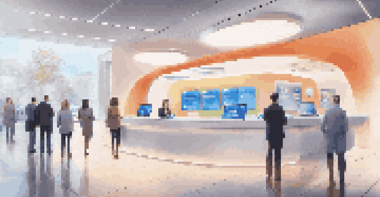 A futuristic virtual bank branch with customers interacting with 3D displays of financial services.