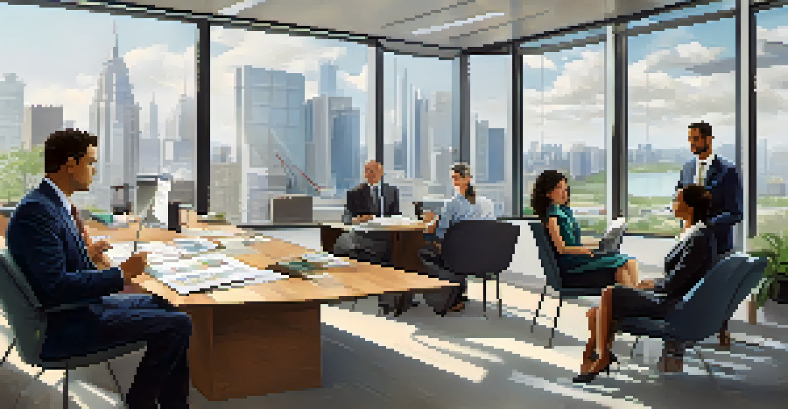 A diverse group of professionals in a bright office discussing economic data and strategies with charts and graphs.