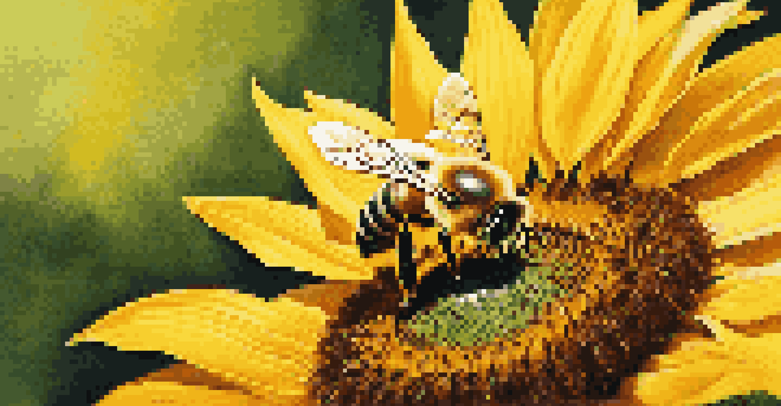 A close-up of a honeybee on a sunflower, showcasing the bee's wings and the sunflower's vibrant petals in a detailed, natural setting.