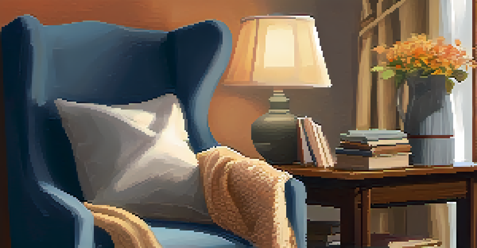 A cozy reading nook featuring a plush armchair, a bookshelf, and a warm lamp creating an inviting atmosphere.