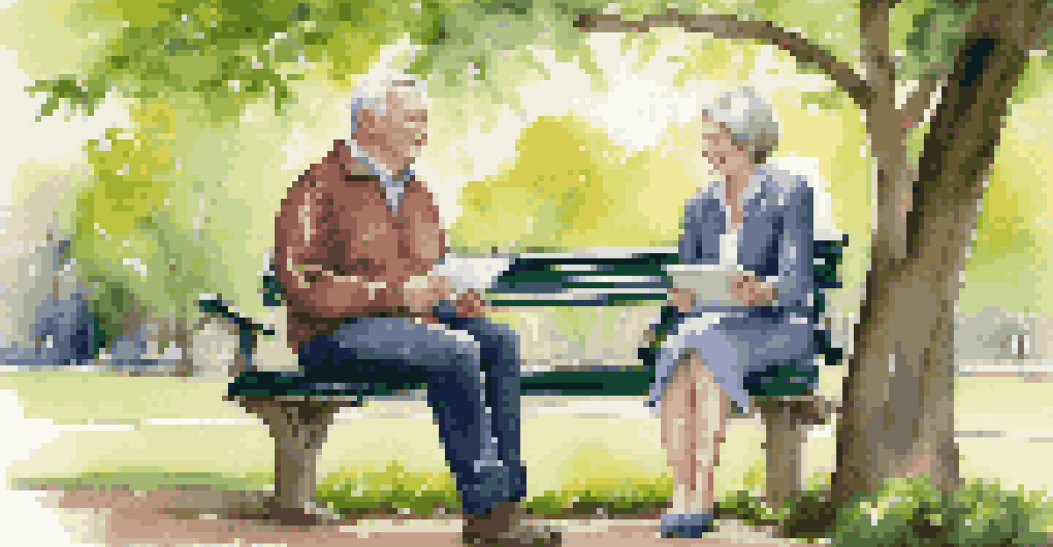 A couple discussing retirement plans on a park bench, with a lush green backdrop and a tablet in hand.