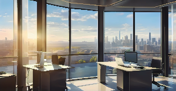 An investor working on market research in a modern office with a view of a city skyline.