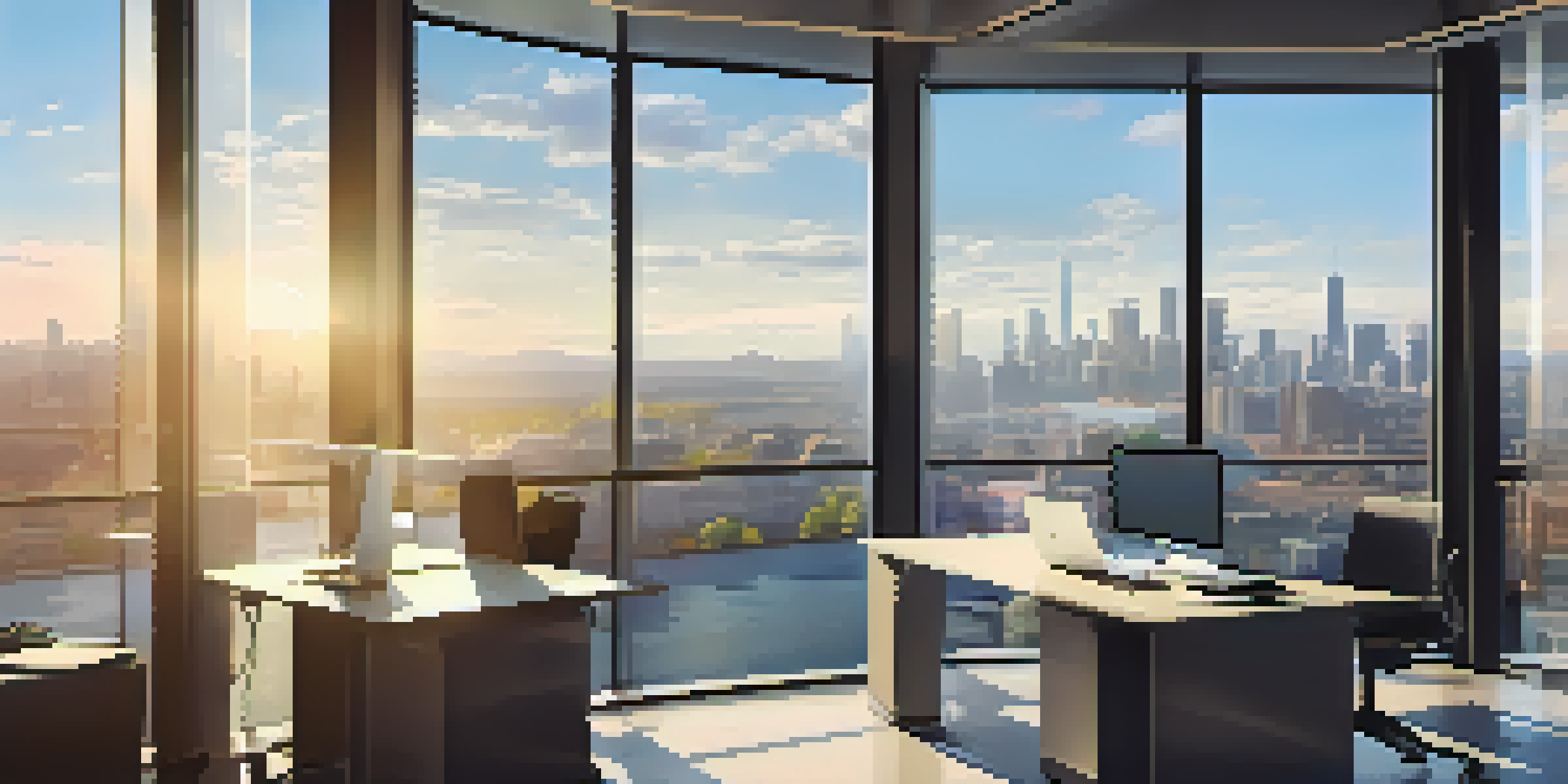 An investor working on market research in a modern office with a view of a city skyline.