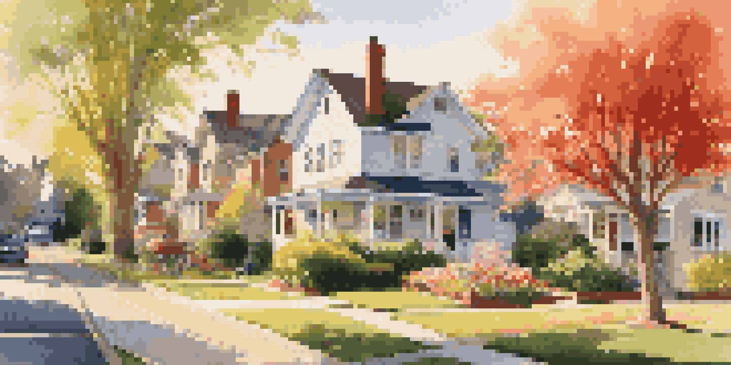 A sunny suburban neighborhood with charming houses, blooming flowers, and children playing outside, illuminated by warm sunlight.
