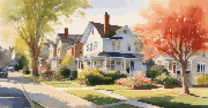 A sunny suburban neighborhood with charming houses, blooming flowers, and children playing outside, illuminated by warm sunlight.