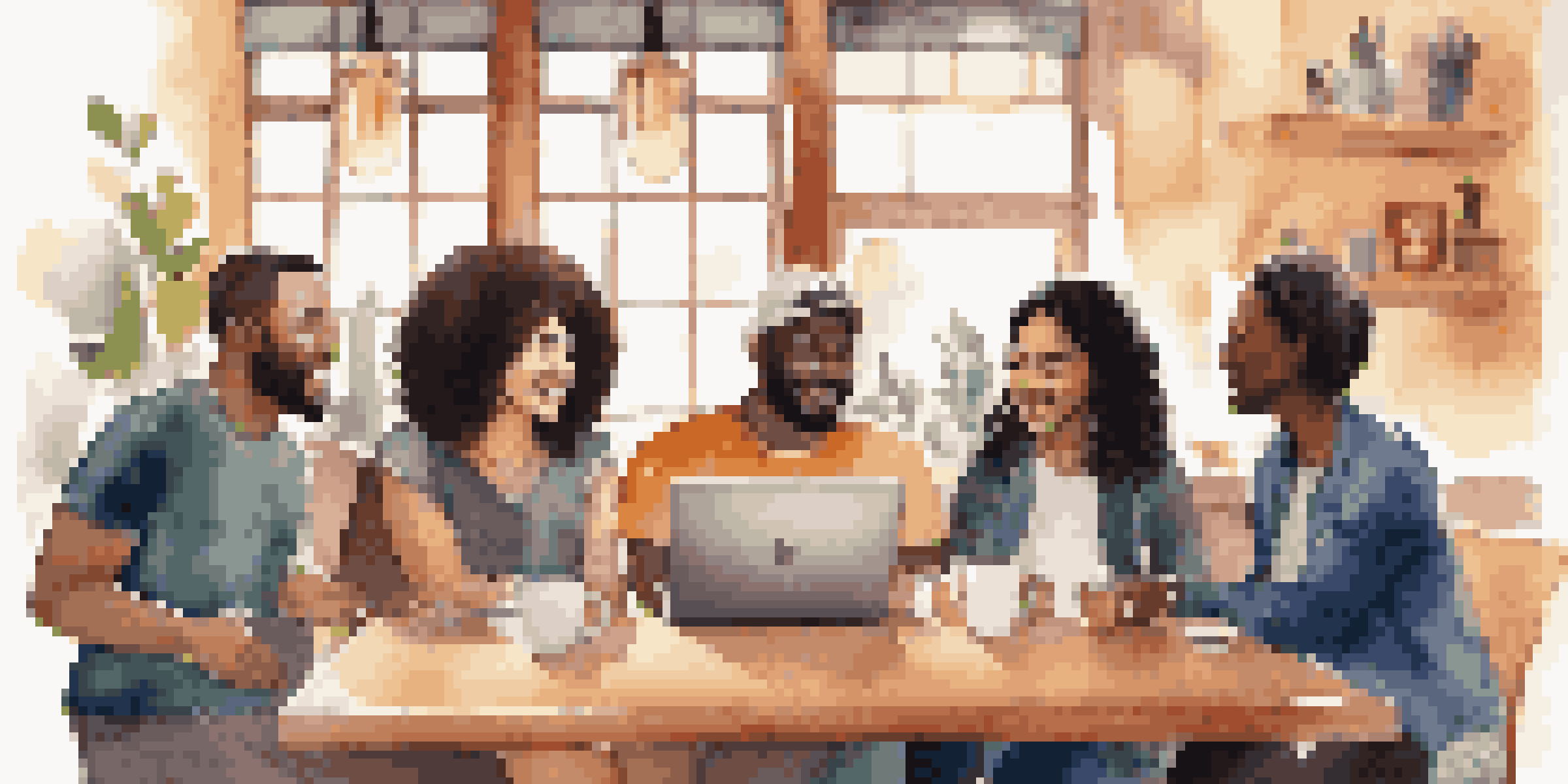A diverse group of people in a coffee shop, engaging in discussion about a crowdfunding campaign.