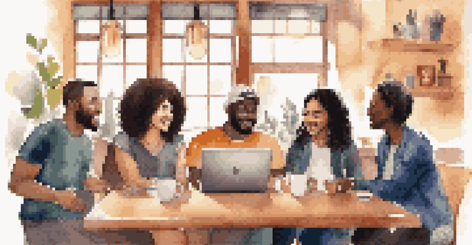 A diverse group of people in a coffee shop, engaging in discussion about a crowdfunding campaign.