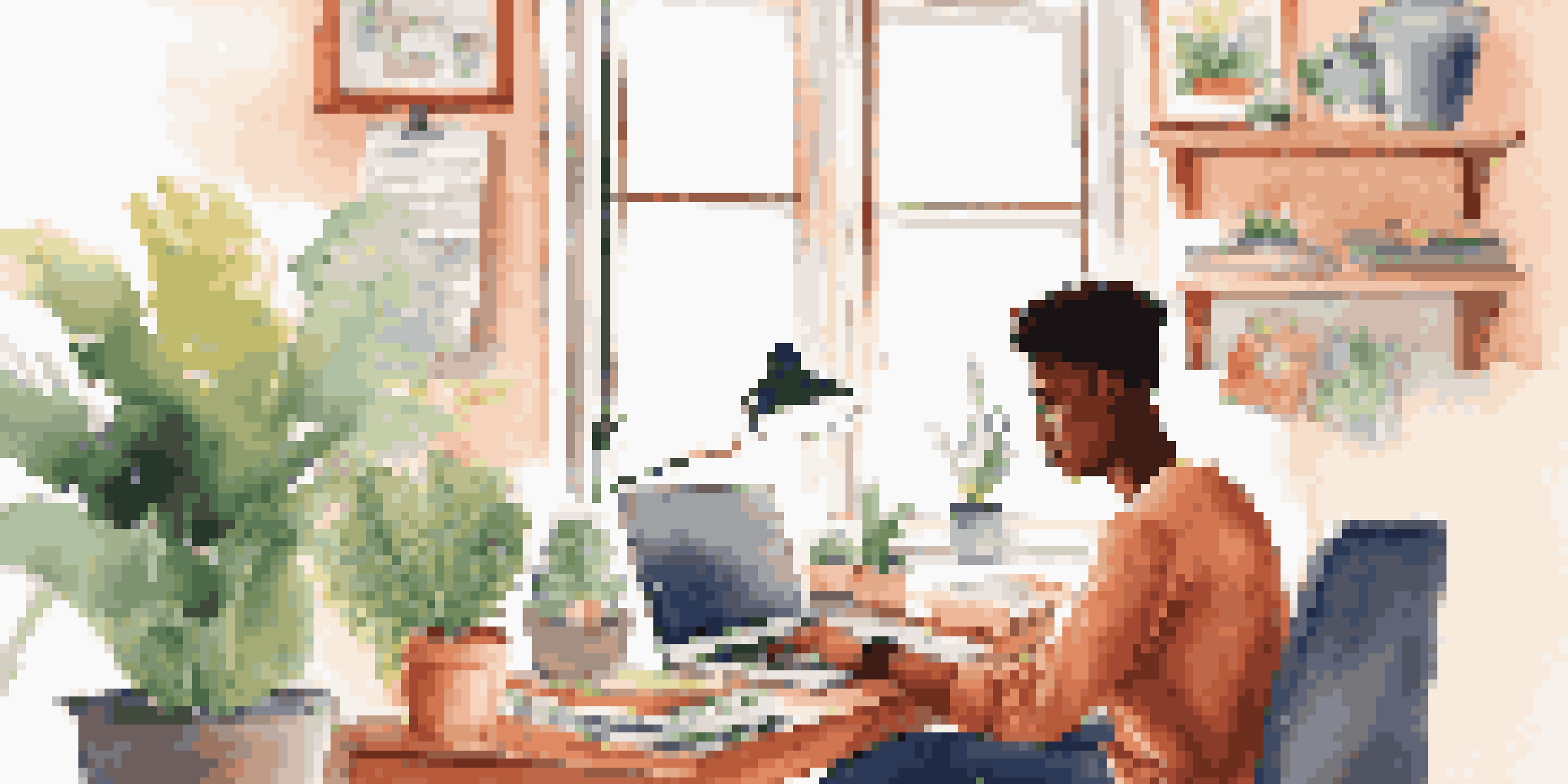 A young adult is engaged in budgeting at a desk with a laptop and colorful stationery, surrounded by a bright, organized room with a potted plant and a motivational poster, illuminated by soft natural light.