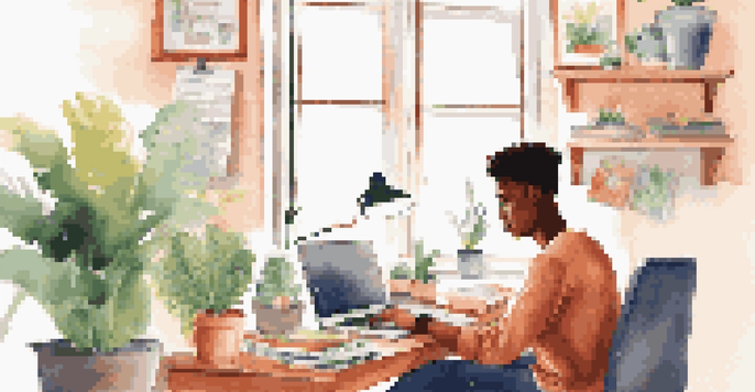 A young adult is engaged in budgeting at a desk with a laptop and colorful stationery, surrounded by a bright, organized room with a potted plant and a motivational poster, illuminated by soft natural light.