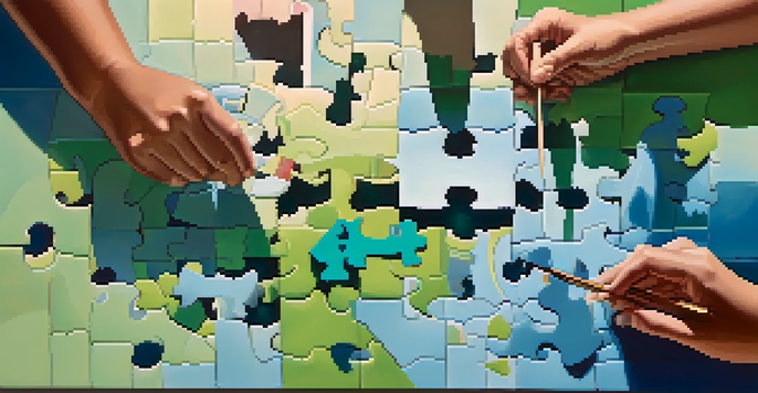 An abstract puzzle with pieces labeled for different aspects of due diligence, set against a gradient background.