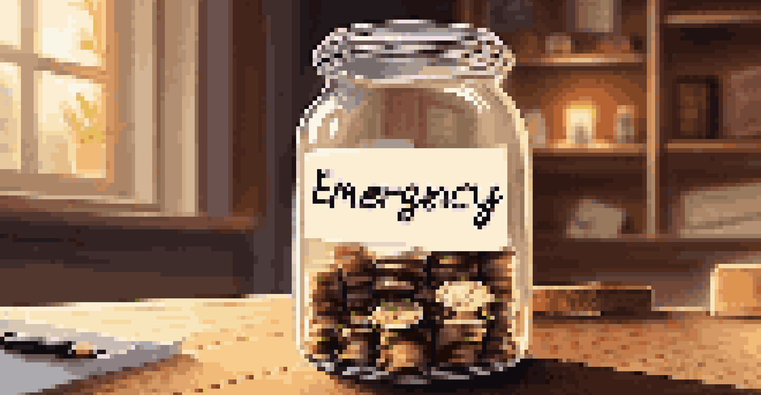 Close-up of hands saving coins into a jar labeled 'Emergency Fund' on a wooden table, surrounded by notes showing savings goals.