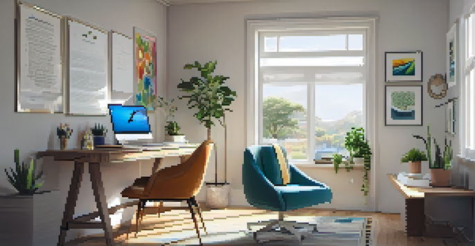 A cozy home office with a wooden desk, ergonomic chair, laptop, notepad, colorful pens, and a potted plant, bathed in natural light from a large window.