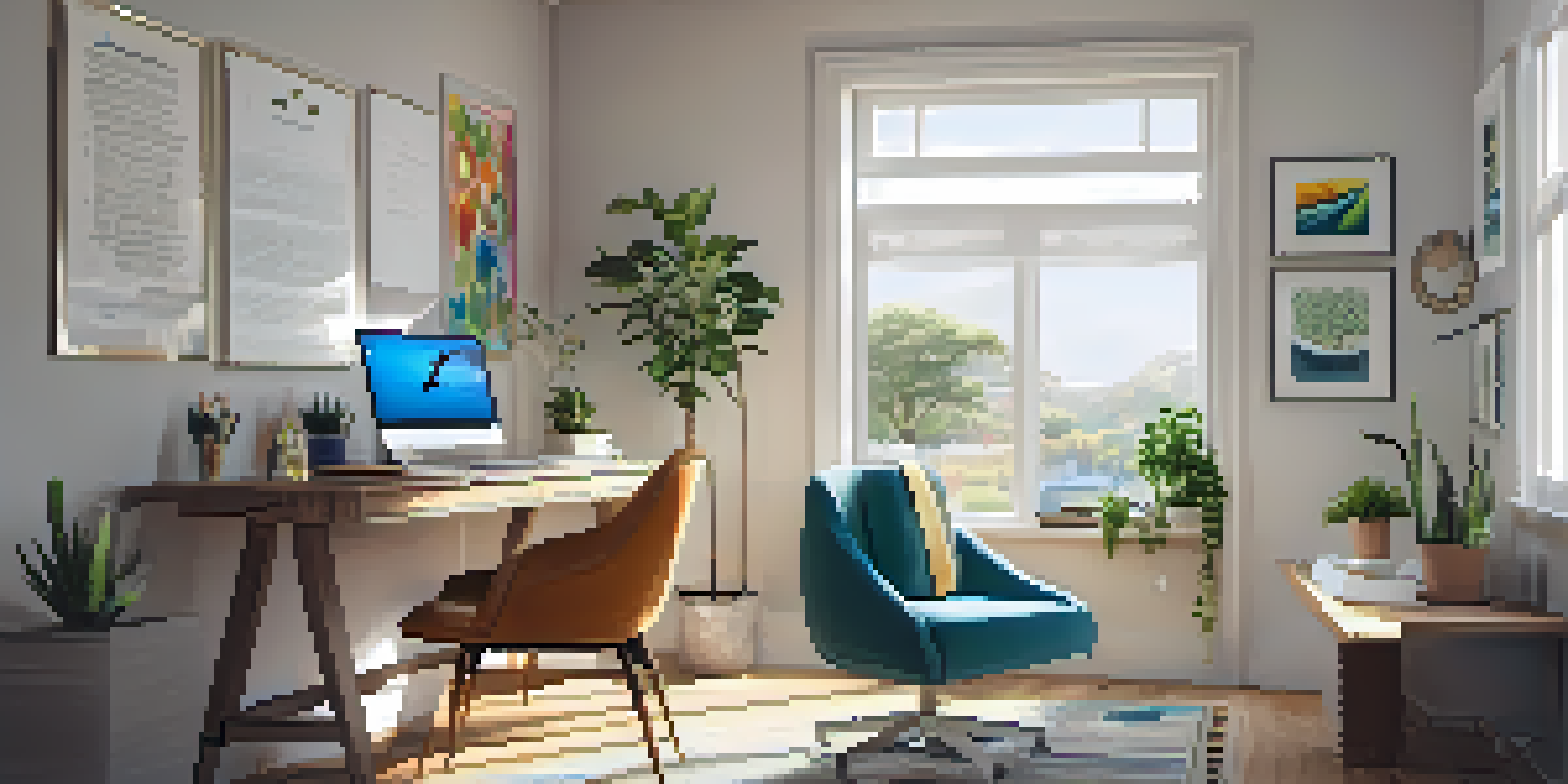A cozy home office with a wooden desk, ergonomic chair, laptop, notepad, colorful pens, and a potted plant, bathed in natural light from a large window.