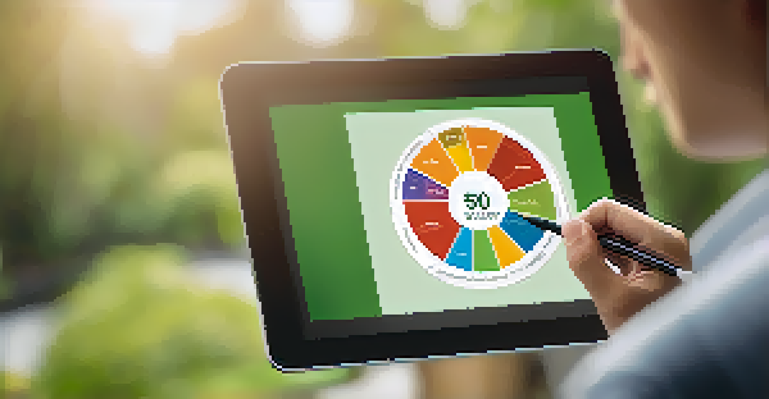 A person holding a tablet displaying a colorful pie chart of the 50/30/20 budgeting rule in an outdoor setting.