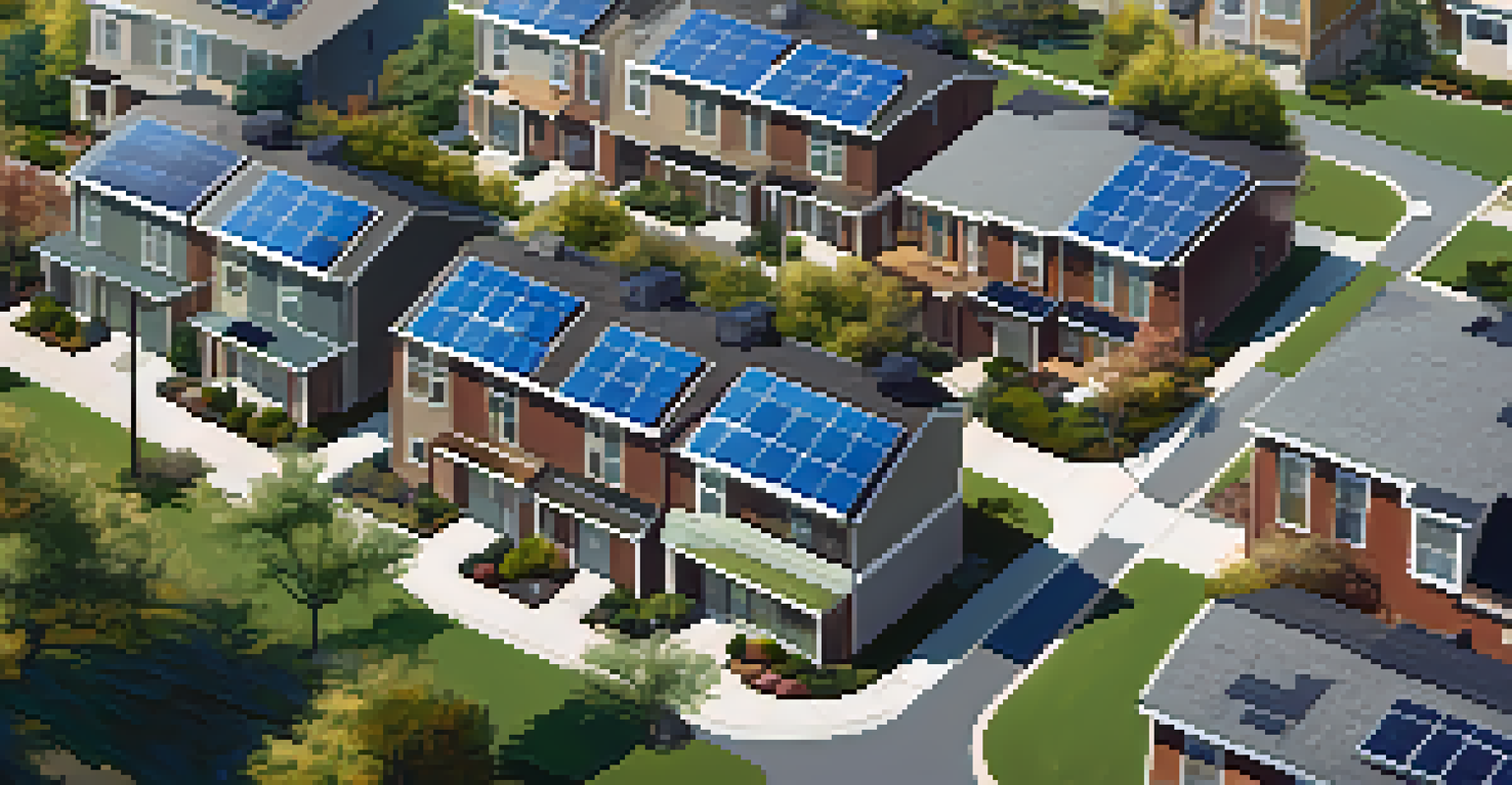 Aerial view of a sustainable neighborhood featuring homes with solar panels and greenery, under a clear blue sky.