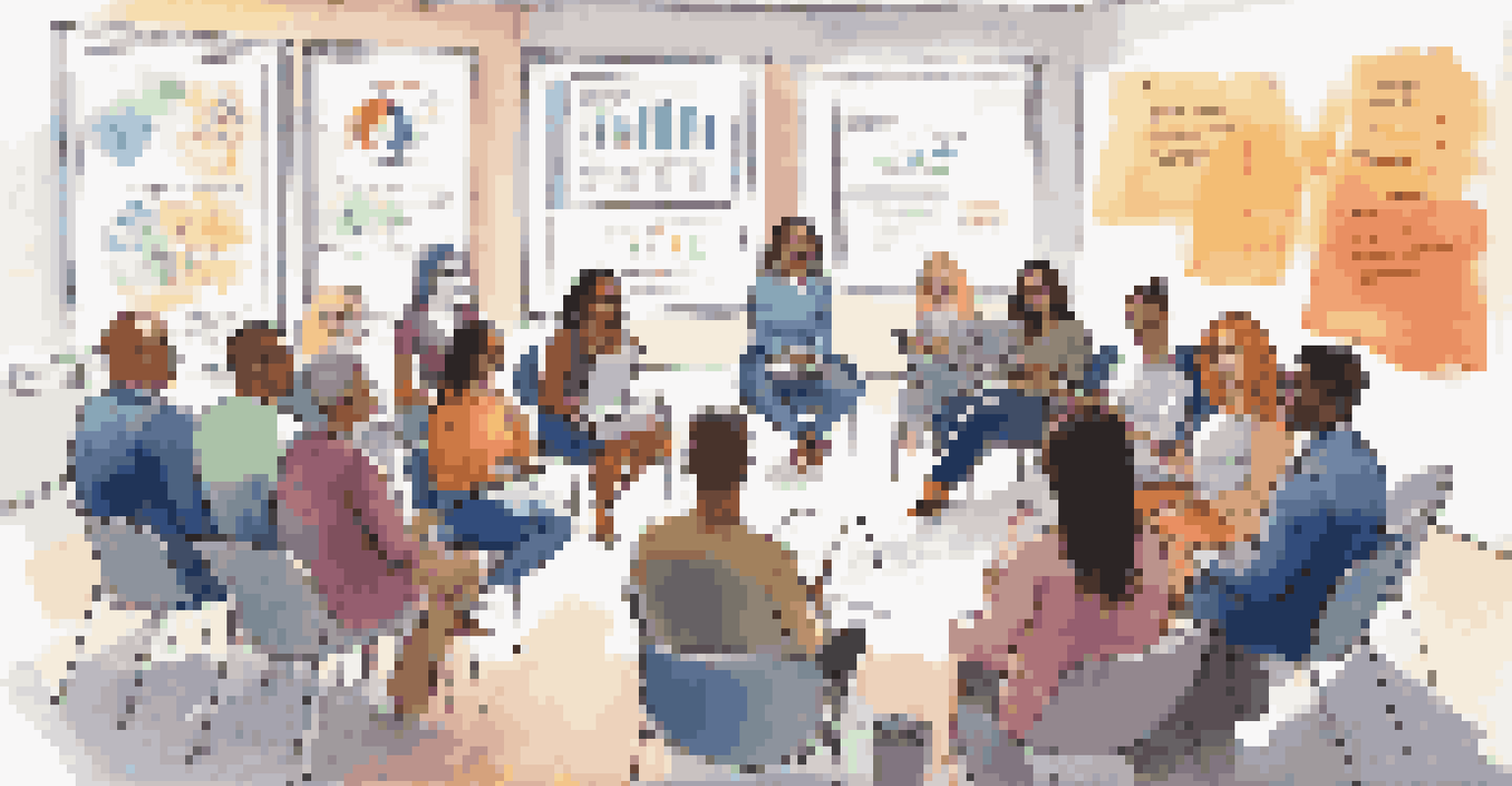 A diverse group of people engaged in a financial coaching workshop, sitting in a circle with notebooks, discussing financial goals in a brightly lit room.