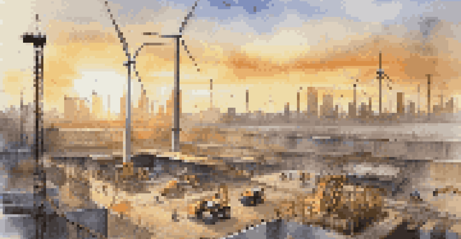 Workers building a wind turbine at a construction site with a city skyline in the background, illuminated by the sunset.