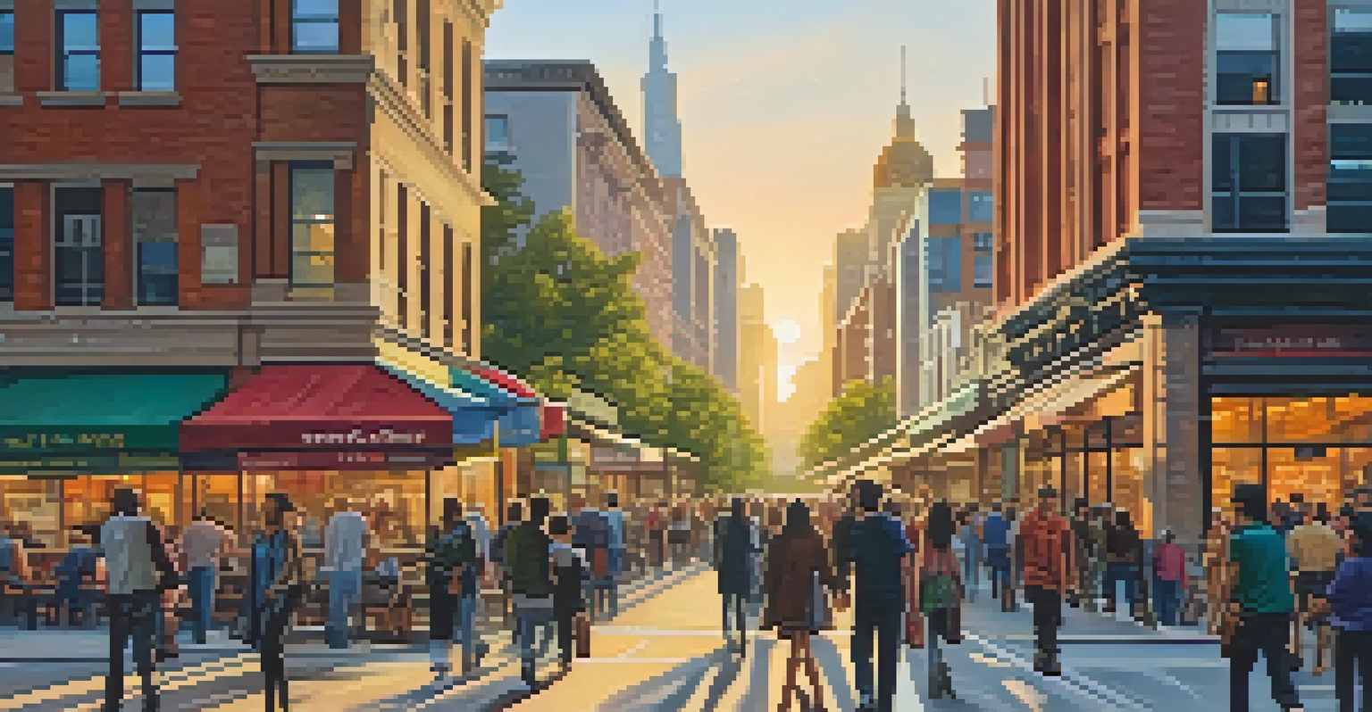 A busy city street with people walking, colorful shops, and tall buildings, illuminated by a warm sunset.