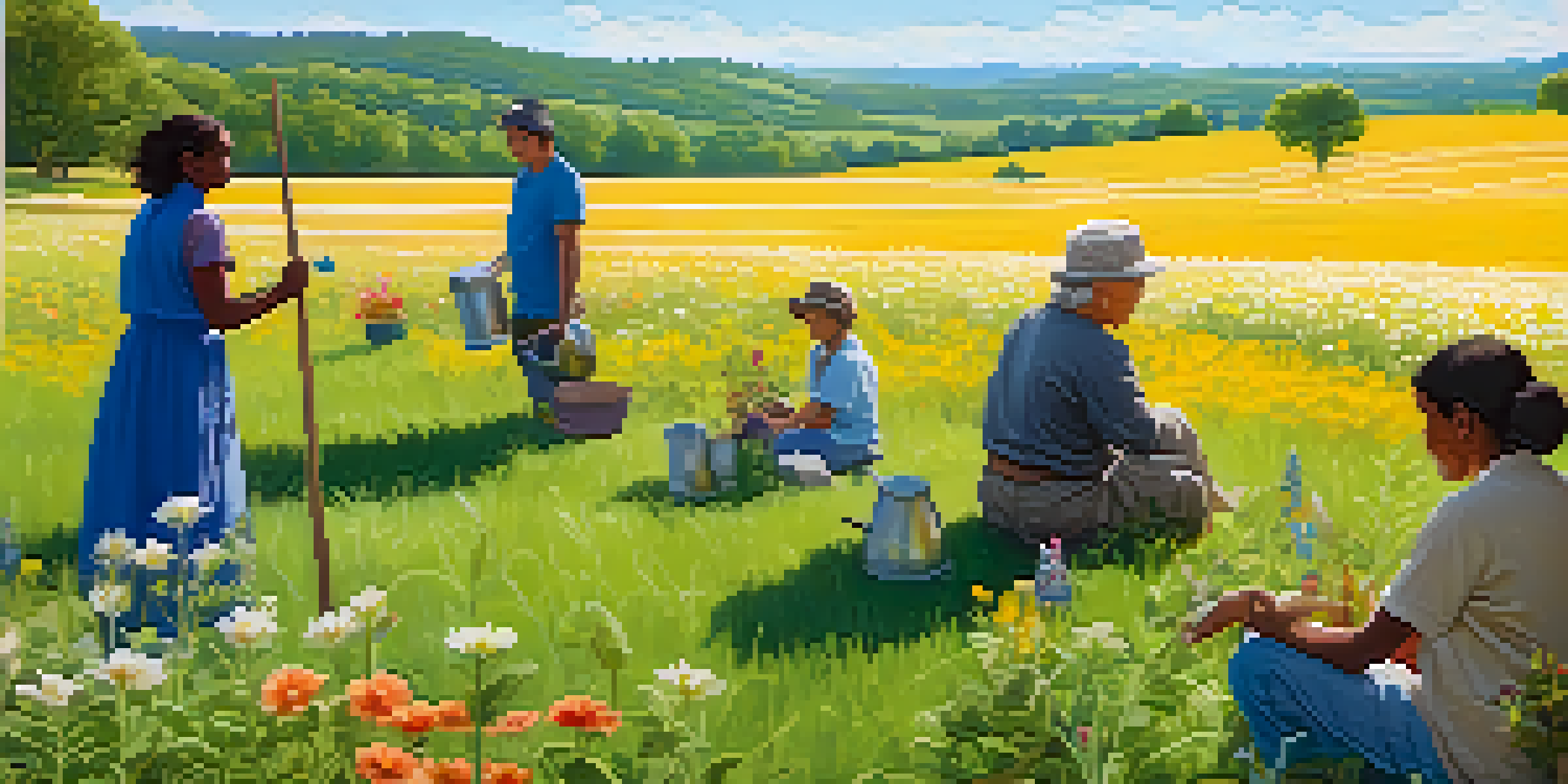 A diverse group of people planting trees in a green field under a blue sky, promoting sustainability.