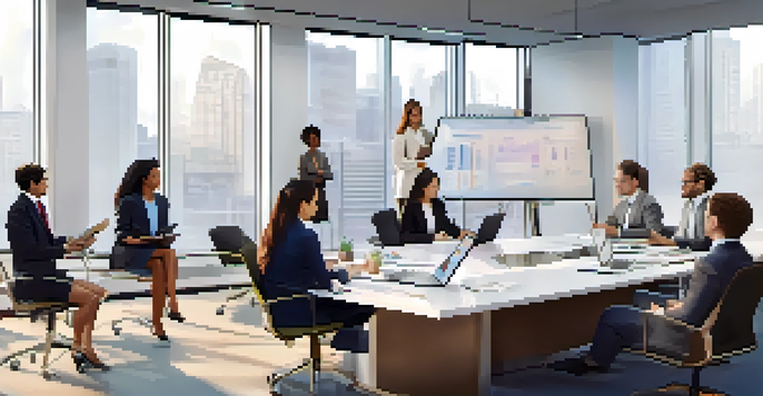 A diverse team of professionals in a well-lit office, participating in a financial compliance training session with digital screens and charts.