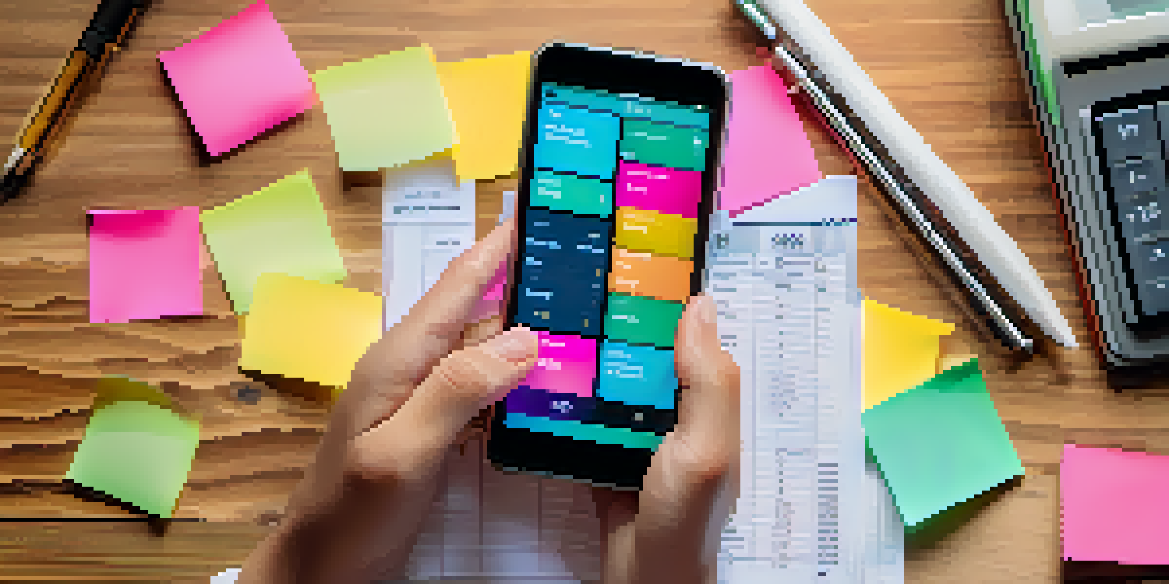 A teenager's hands holding a smartphone with a budgeting app on a wooden desk, surrounded by colorful sticky notes and a calculator.