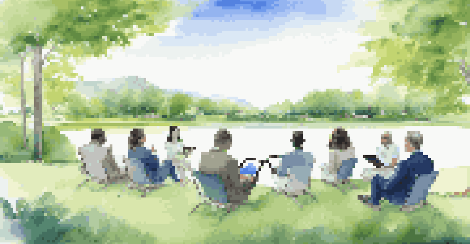 Investors in a green outdoor setting, discussing sustainability metrics on digital tablets amidst a lush landscape.