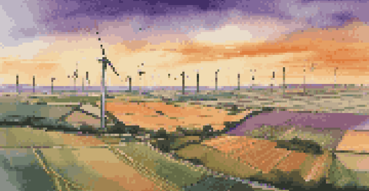 Aerial view of wind turbines at sunset, with a beautiful landscape of fields below.