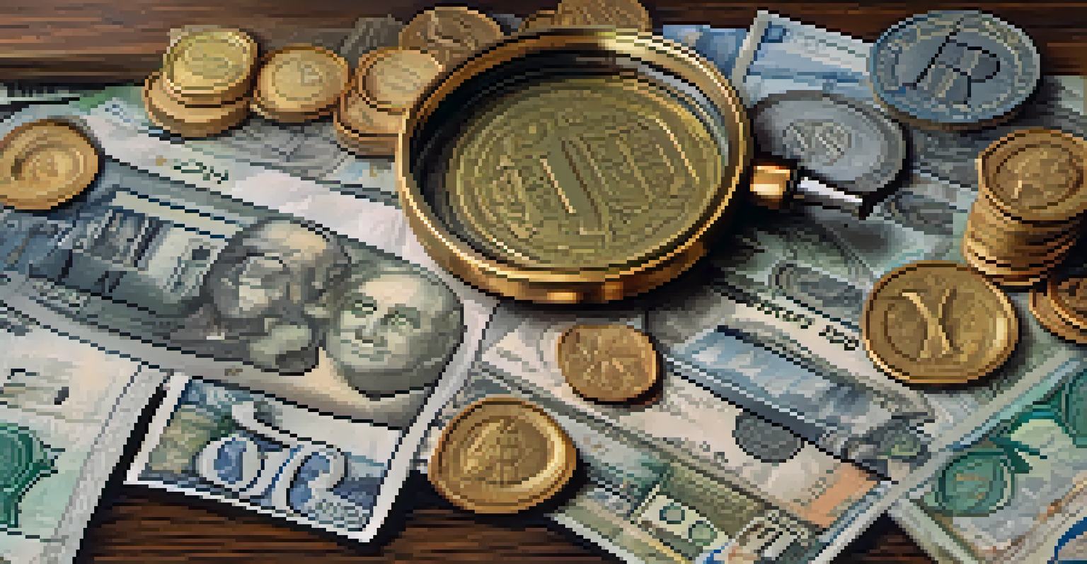 A close-up of various world currencies on a wooden table with a magnifying glass.