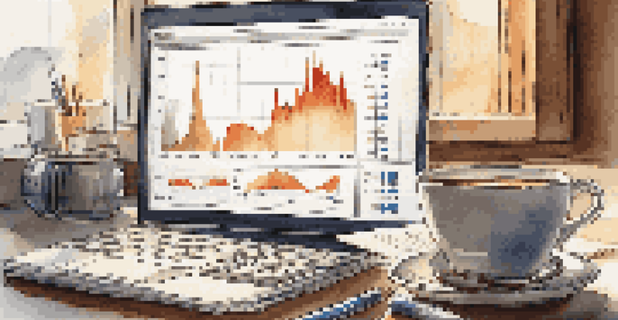 A stock market screen with fluctuating graphs and candlestick charts, surrounded by a calculator, notepad, and coffee cup, illuminated by natural light.
