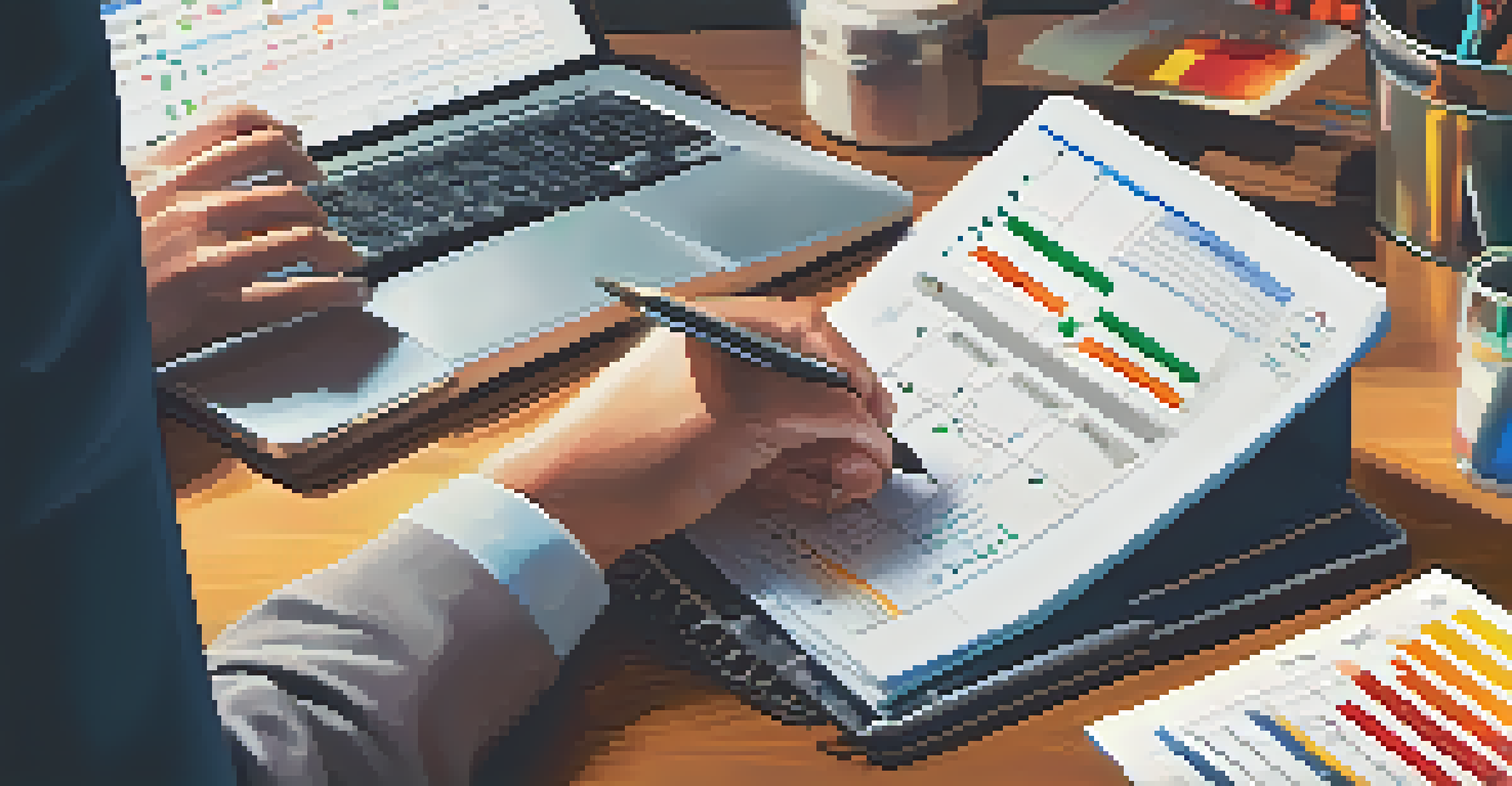 Close-up of a business owner writing notes in a financial planner, with a calculator and laptop, featuring colorful cash flow forecasts.