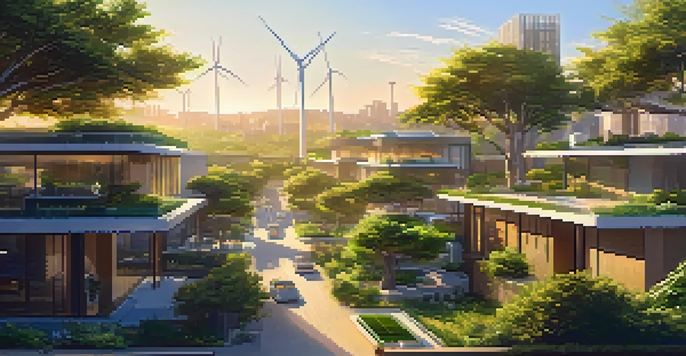 A modern sustainable city with green buildings, solar panels, and wind turbines, illuminated by the warm light of sunset.