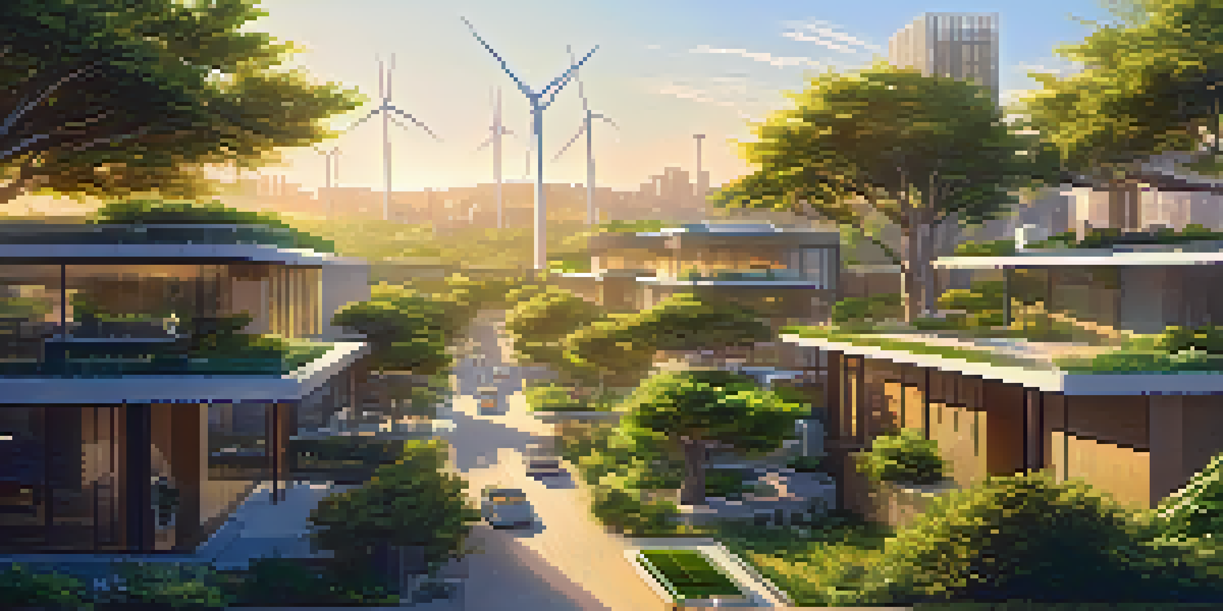A modern sustainable city with green buildings, solar panels, and wind turbines, illuminated by the warm light of sunset.