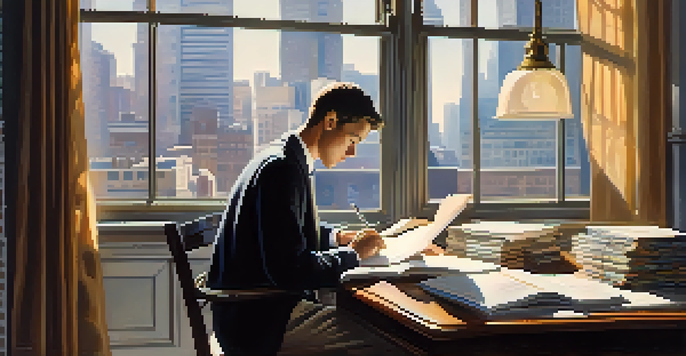 A person studying financial markets at a desk, with books and a laptop, illuminated by sunlight.